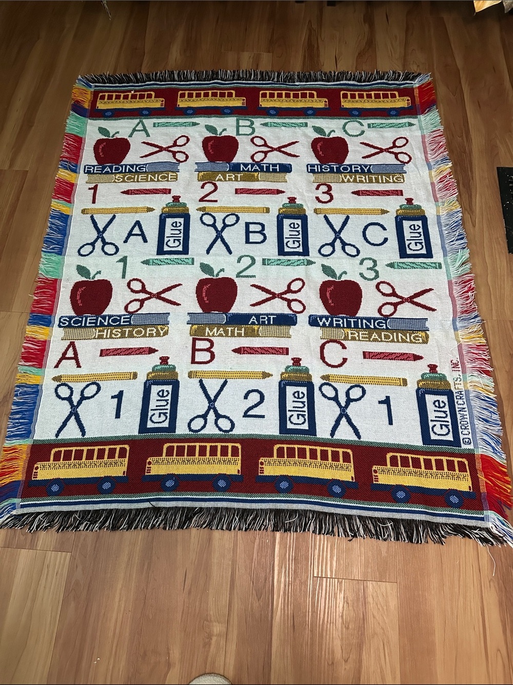 Vintage San Marcos Crown Crafts Two-Layer Throw Blanket Schoolhouse 46”x57”